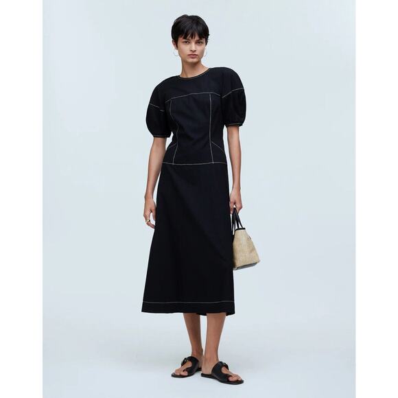 Madewell Puff Sleeve Drop Waist Midi Dress 0 True Black NQ890 Classic Minimalist - Picture 1 of 14